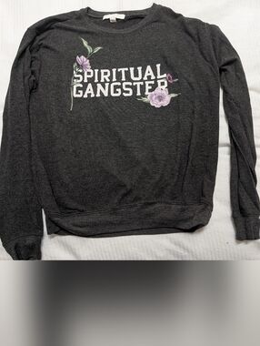 Spiritual Gangster Lightweight Crewneck Stretch Sweatshirt Gray W/ Floral Medium